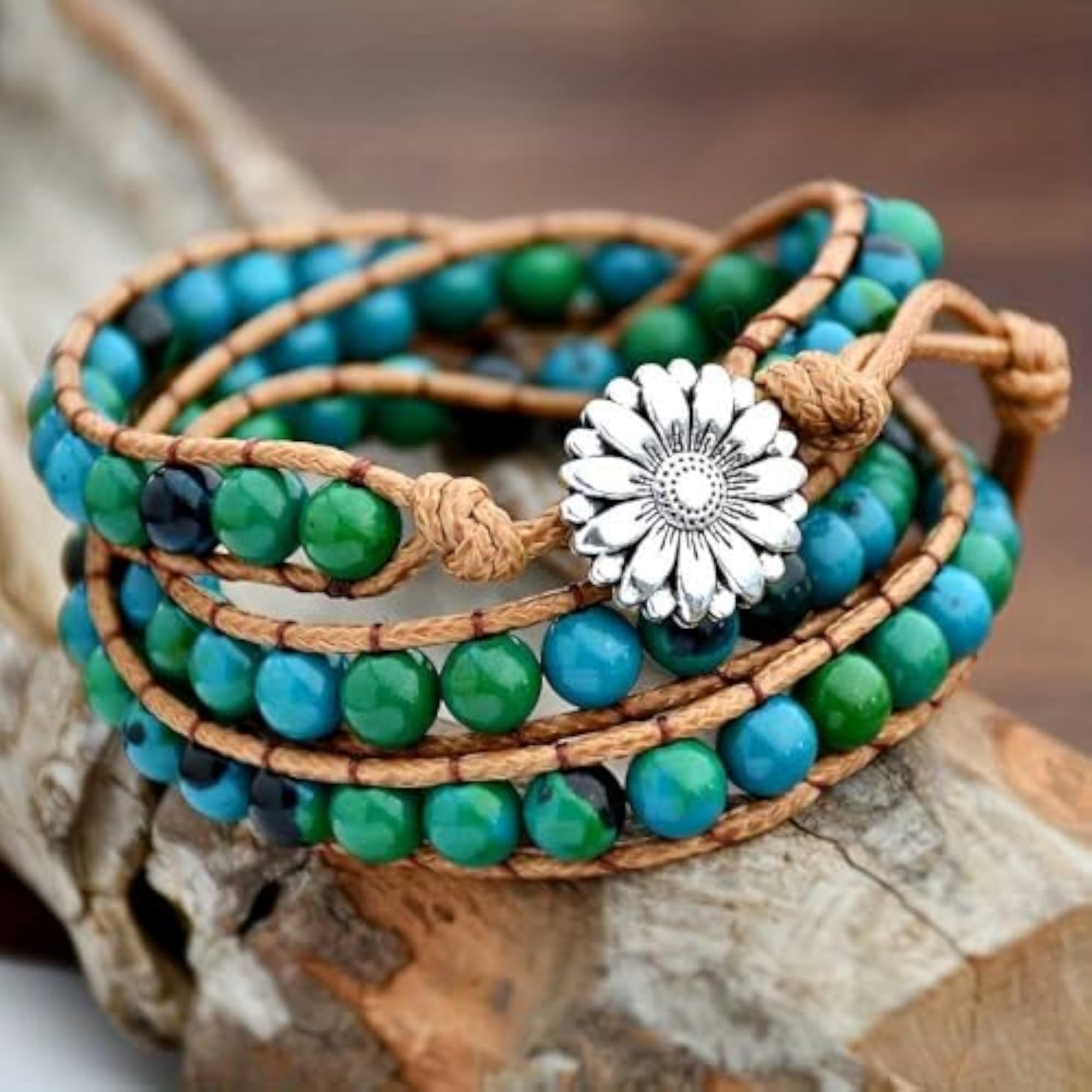 Floral Charm Beaded Leather Rope Bracelet for Teens